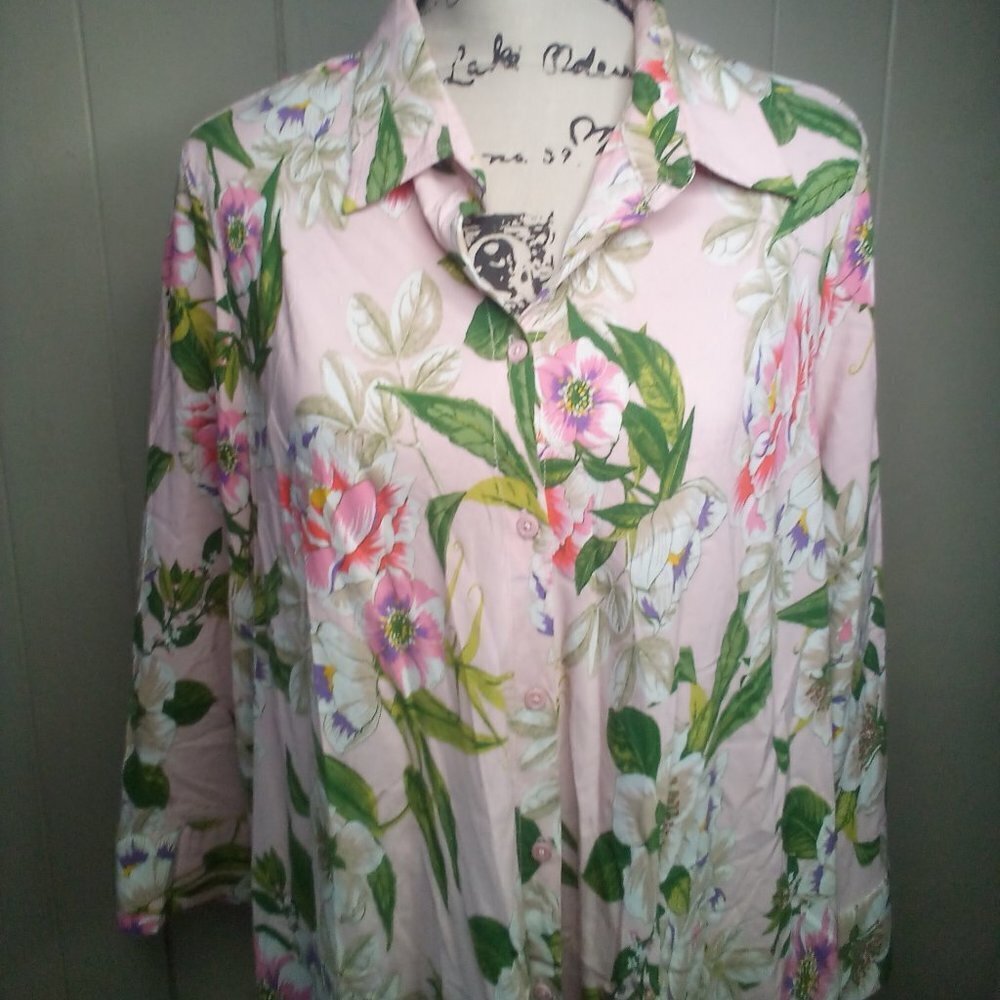 Grace Elements Blouse XL Button Up 3/4 Sleeve Floral Colorful